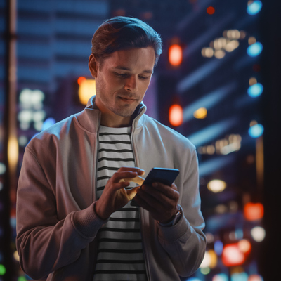Male controls his account on a mobile phone at night